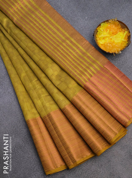 Semi raw silk saree yellow with allover butta prints and long copper zari woven border