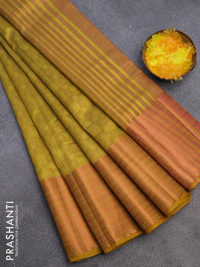 Semi raw silk saree yellow with allover butta prints and long copper zari woven border