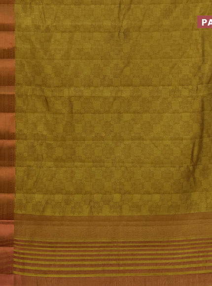 Semi raw silk saree yellow with allover butta prints and long copper zari woven border