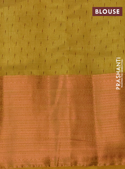 Semi raw silk saree yellow with allover butta prints and long copper zari woven border