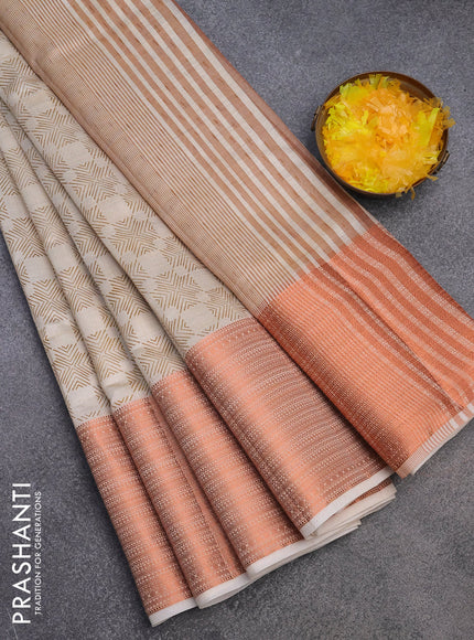 Semi raw silk saree cream with allover butta prints and long copper zari woven border