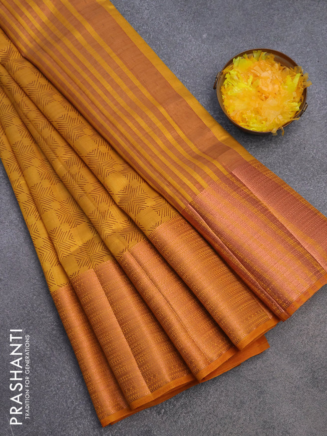 Semi raw silk saree mustard yellow with allover butta prints and long copper zari woven border