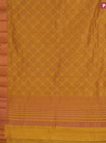 Semi raw silk saree mustard yellow with allover butta prints and long copper zari woven border