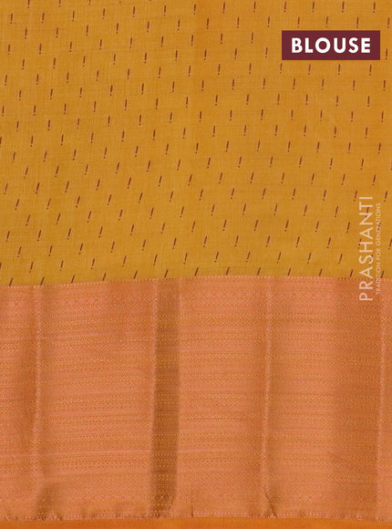 Semi raw silk saree mustard yellow with allover butta prints and long copper zari woven border