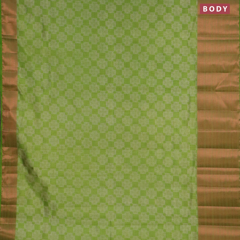 Semi raw silk saree light green with allover butta prints and long copper zari woven border