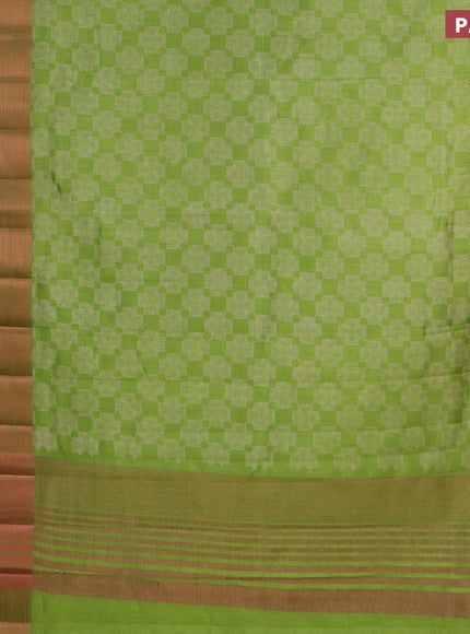 Semi raw silk saree light green with allover butta prints and long copper zari woven border