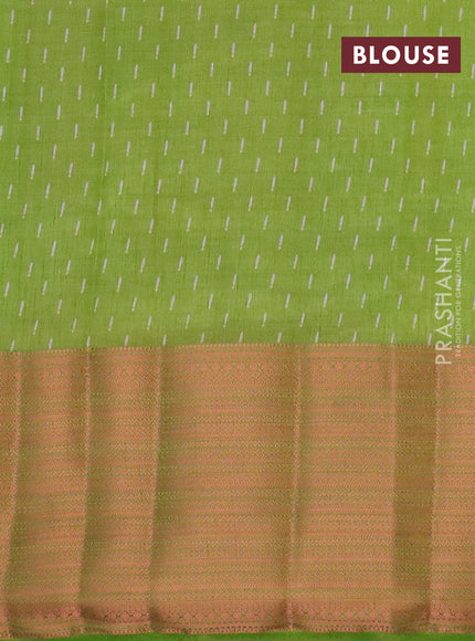 Semi raw silk saree light green with allover butta prints and long copper zari woven border