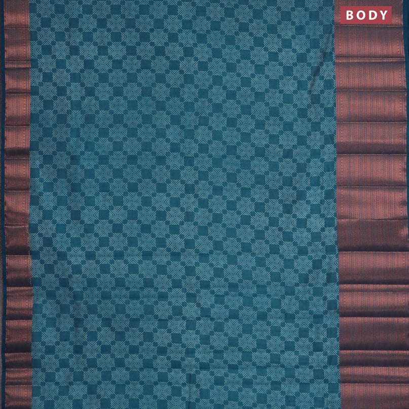 Semi raw silk saree cs blue with allover butta prints and long copper zari woven border