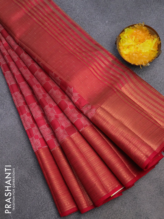 Semi raw silk saree reddish red with allover butta prints and long copper zari woven border