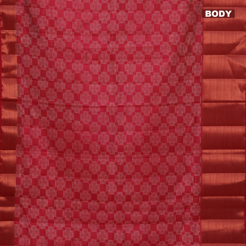 Semi raw silk saree reddish red with allover butta prints and long copper zari woven border