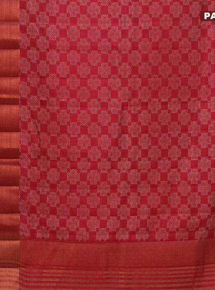 Semi raw silk saree reddish red with allover butta prints and long copper zari woven border