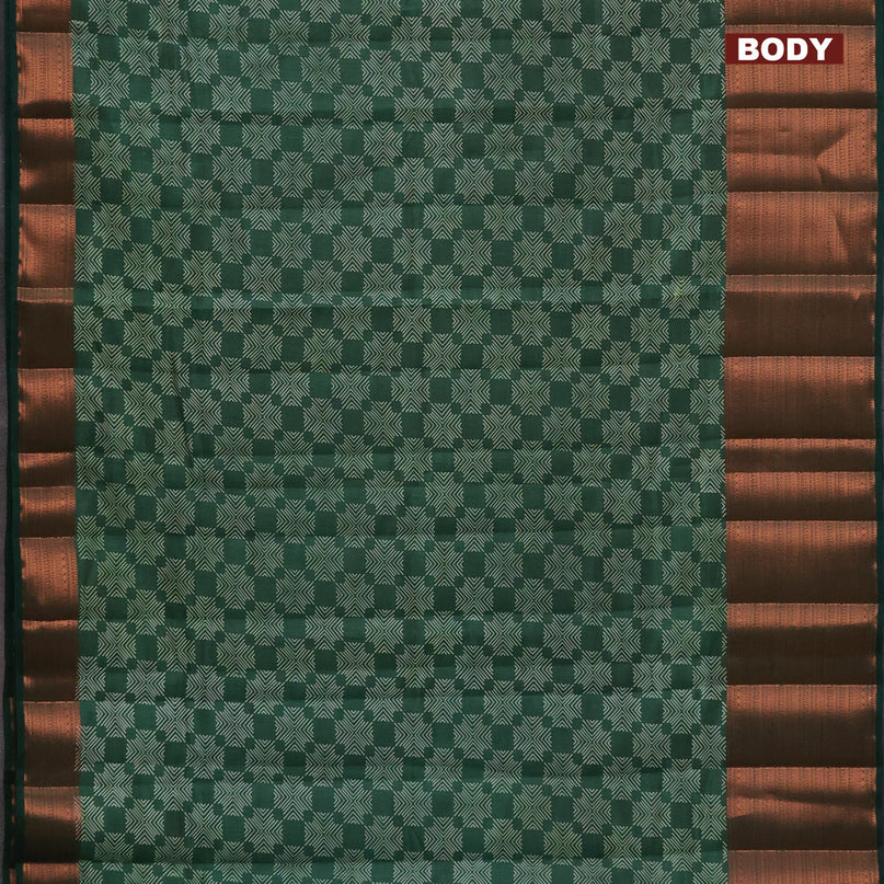 Semi raw silk saree bottle green with allover butta prints and long copper zari woven border