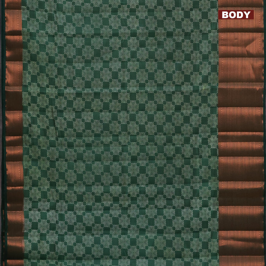 Semi raw silk saree bottle green with allover butta prints and long copper zari woven border