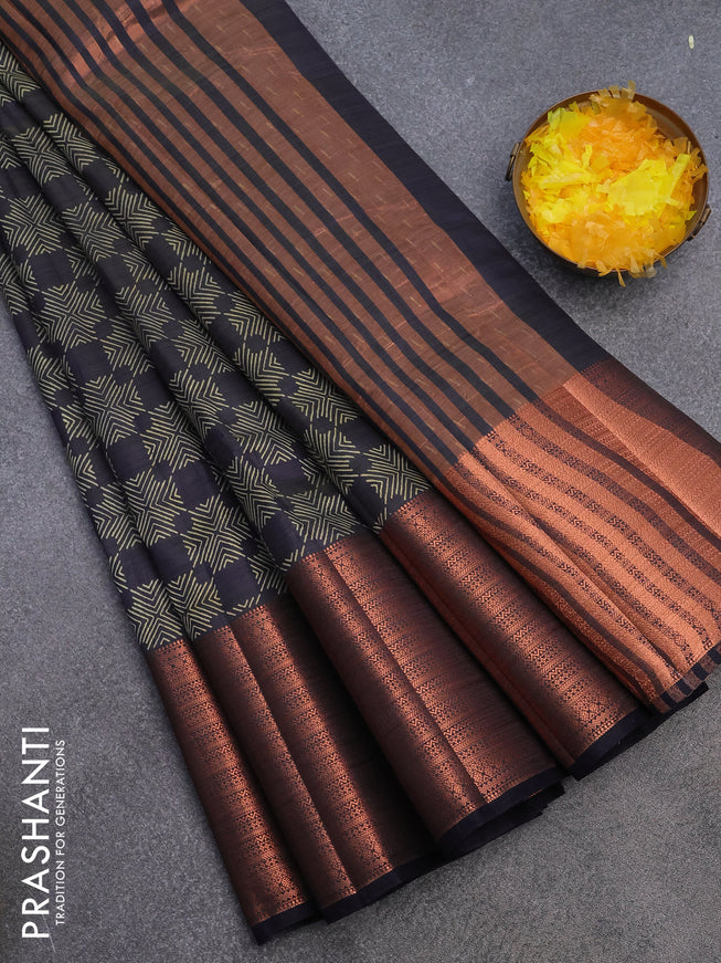 Semi raw silk saree navy blue with allover butta prints and long copper zari woven border