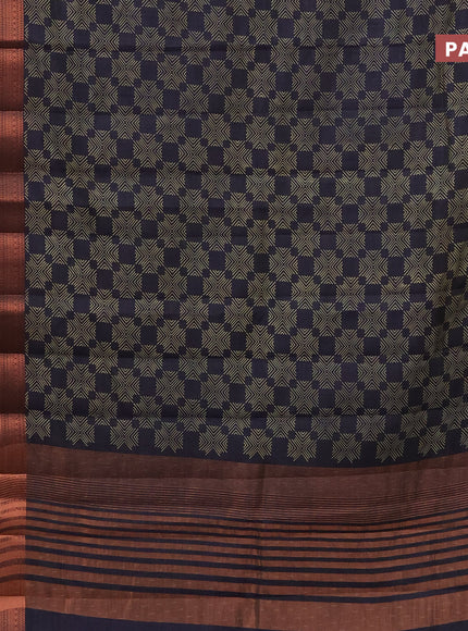 Semi raw silk saree navy blue with allover butta prints and long copper zari woven border