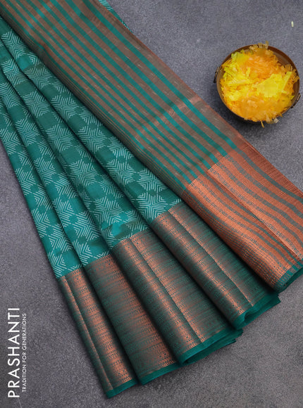 Semi raw silk saree teal green shade with allover butta prints and long copper zari woven border