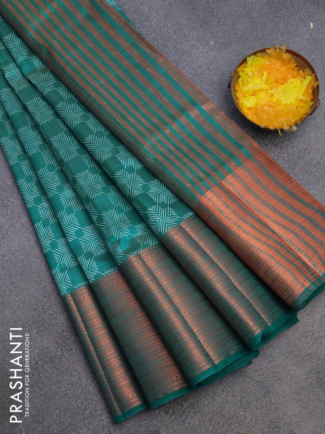 Semi raw silk saree teal green shade with allover butta prints and long copper zari woven border