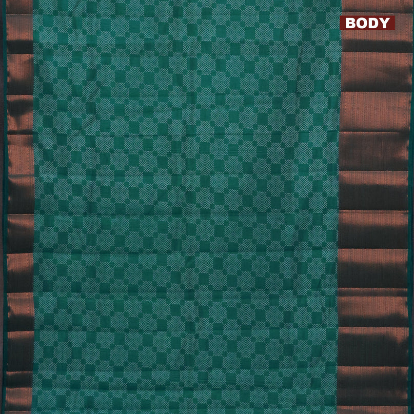 Semi raw silk saree teal green shade with allover butta prints and long copper zari woven border