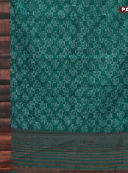 Semi raw silk saree teal green shade with allover butta prints and long copper zari woven border