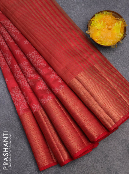 Semi raw silk saree red with allover floral butta prints and long copper zari woven border