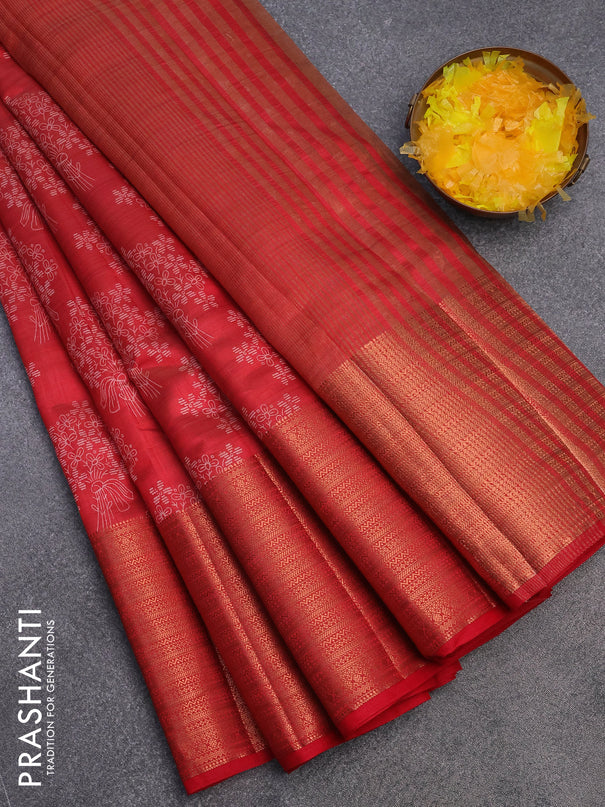 Semi raw silk saree red with allover floral butta prints and long copper zari woven border