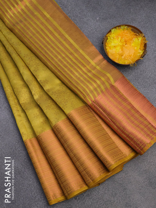 Semi raw silk saree yellow with allover floral butta prints and long copper zari woven border