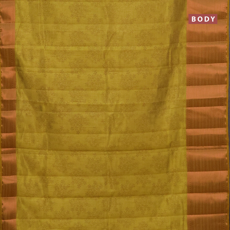 Semi raw silk saree yellow with allover floral butta prints and long copper zari woven border