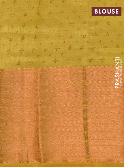 Semi raw silk saree yellow with allover floral butta prints and long copper zari woven border