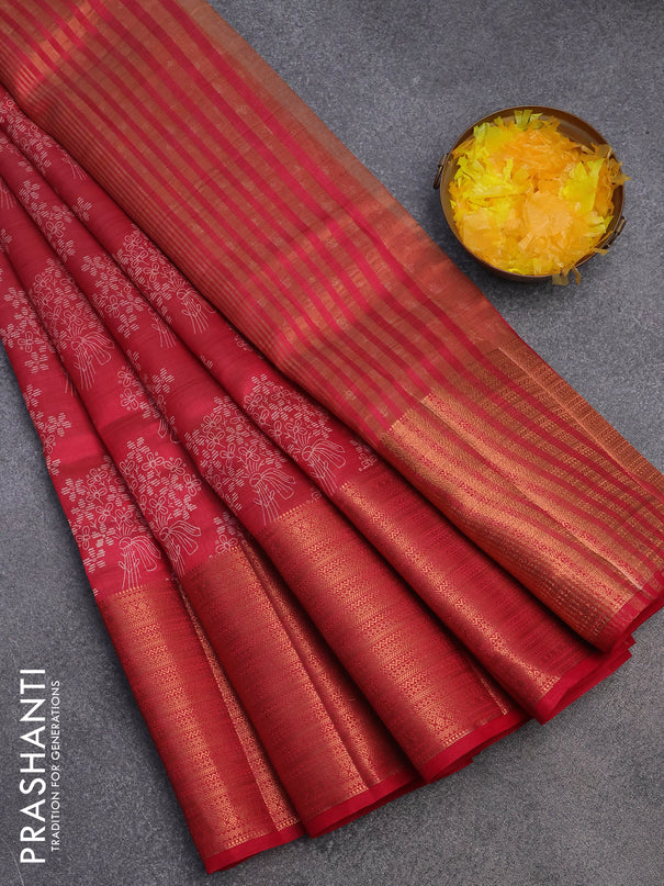 Semi raw silk saree red with allover floral butta prints and long copper zari woven border