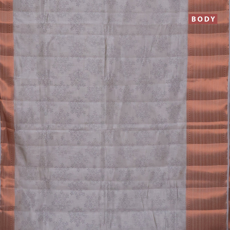 Semi raw silk saree pastel grey with allover floral butta prints and long copper zari woven border