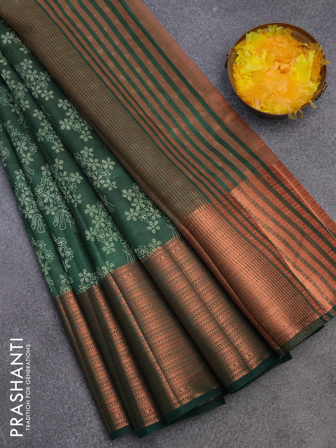 Semi raw silk saree bottle green with allover floral butta prints and long copper zari woven border