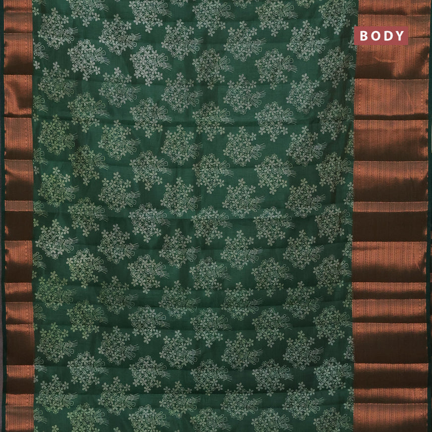 Semi raw silk saree bottle green with allover floral butta prints and long copper zari woven border