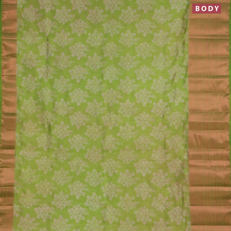 Semi raw silk saree light green with allover floral butta prints and long copper zari woven border