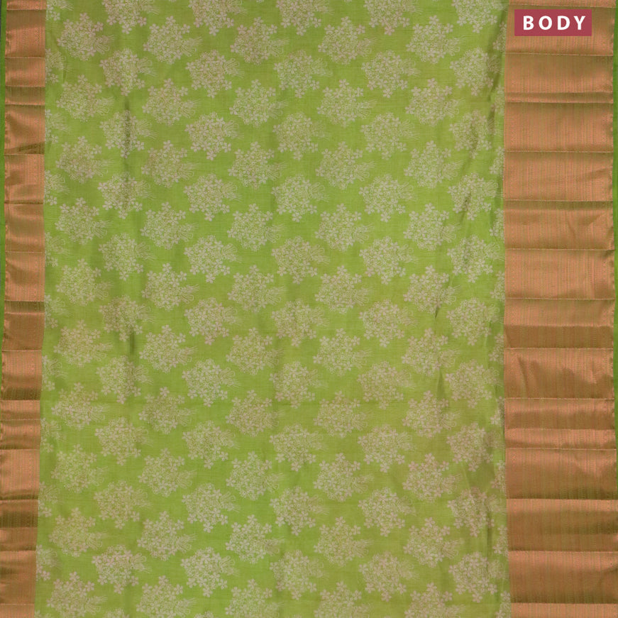 Semi raw silk saree light green with allover floral butta prints and long copper zari woven border