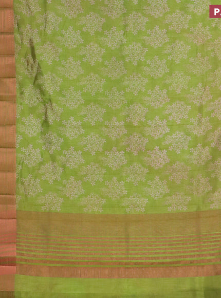 Semi raw silk saree light green with allover floral butta prints and long copper zari woven border