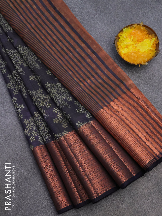 Semi raw silk saree navy blue with allover floral butta prints and long copper zari woven border