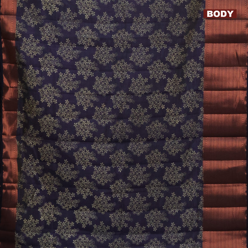 Semi raw silk saree navy blue with allover floral butta prints and long copper zari woven border