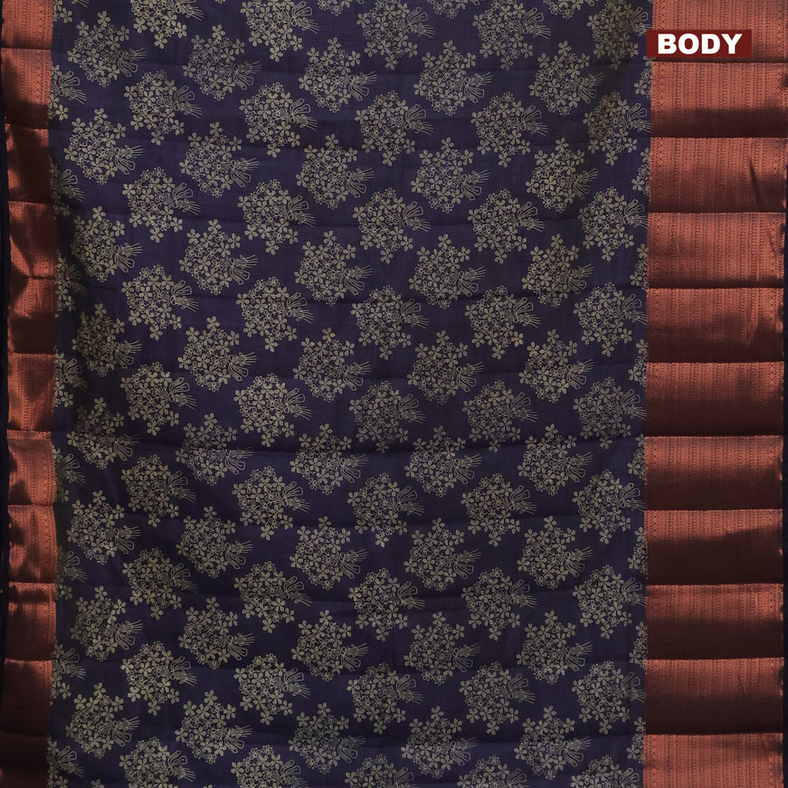 Semi raw silk saree navy blue with allover floral butta prints and long copper zari woven border