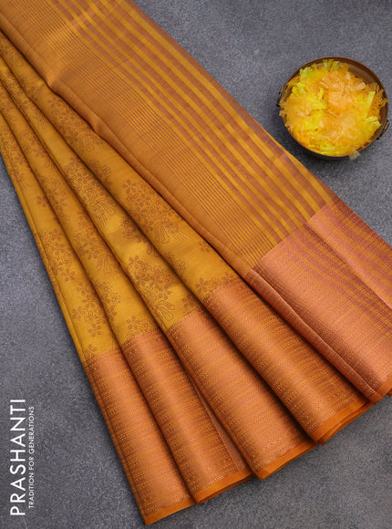 Semi raw silk saree mustard yellow with allover floral butta prints and long copper zari woven border