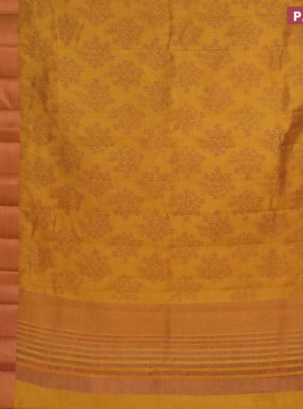 Semi raw silk saree mustard yellow with allover floral butta prints and long copper zari woven border