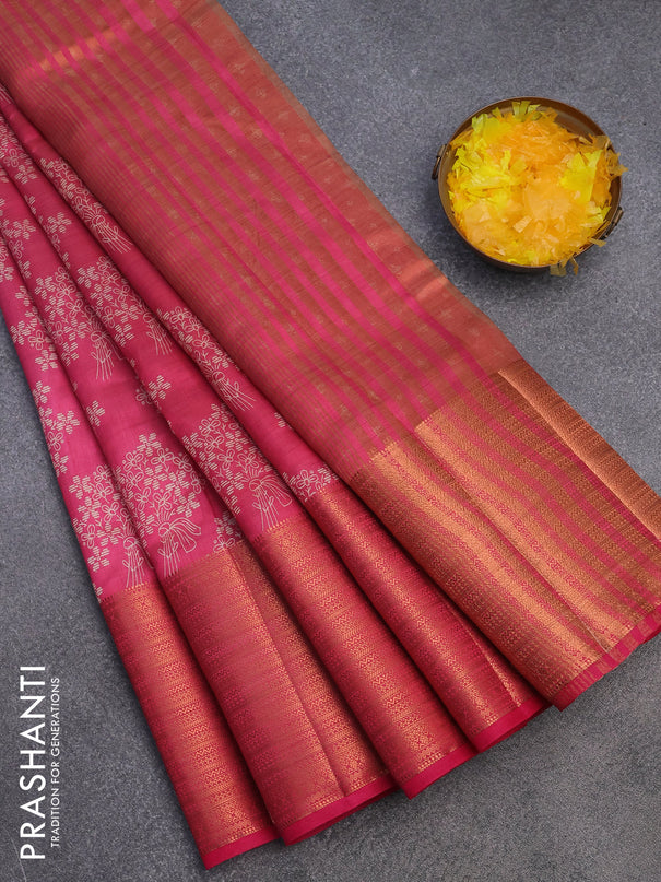 Semi raw silk saree pink with allover floral butta prints and long copper zari woven border