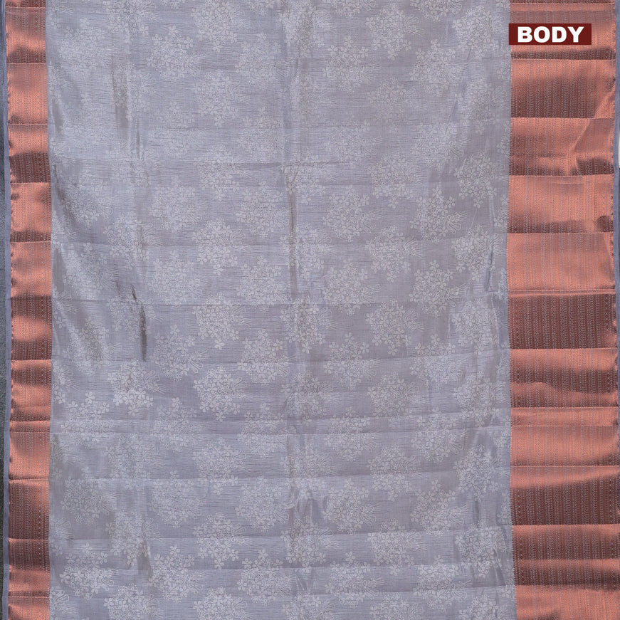 Semi raw silk saree grey with allover floral butta prints and long copper zari woven border