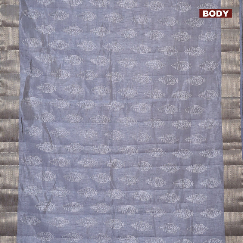 Semi raw silk saree grey with allover leaf prints and zari woven border