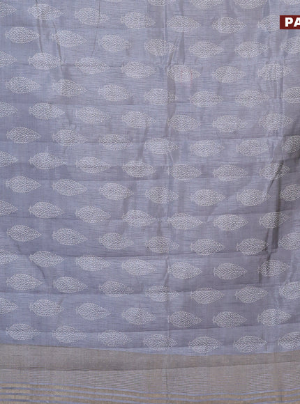 Semi raw silk saree grey with allover leaf prints and zari woven border