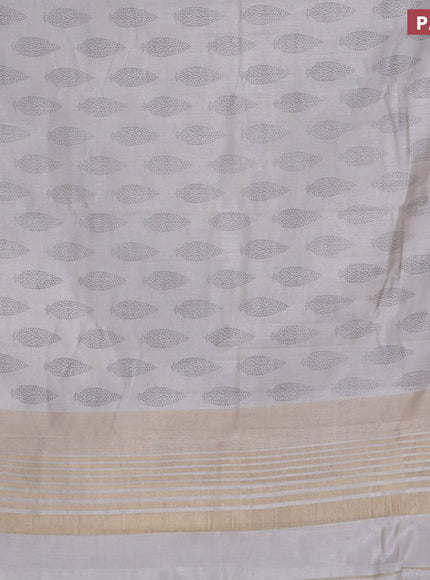 Semi raw silk saree pastel grey with allover leaf prints and zari woven border