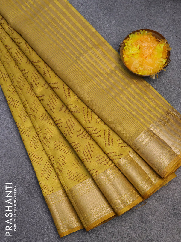 Semi raw silk saree yellow with butta prints and zari woven border