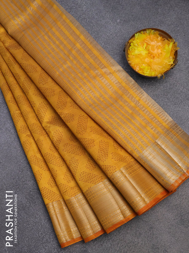 Semi raw silk saree mustard yellow with butta prints and zari woven border