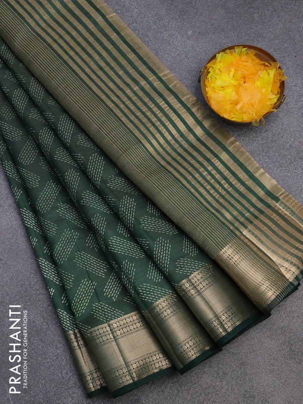 Semi raw silk saree bottle green with butta prints and zari woven border