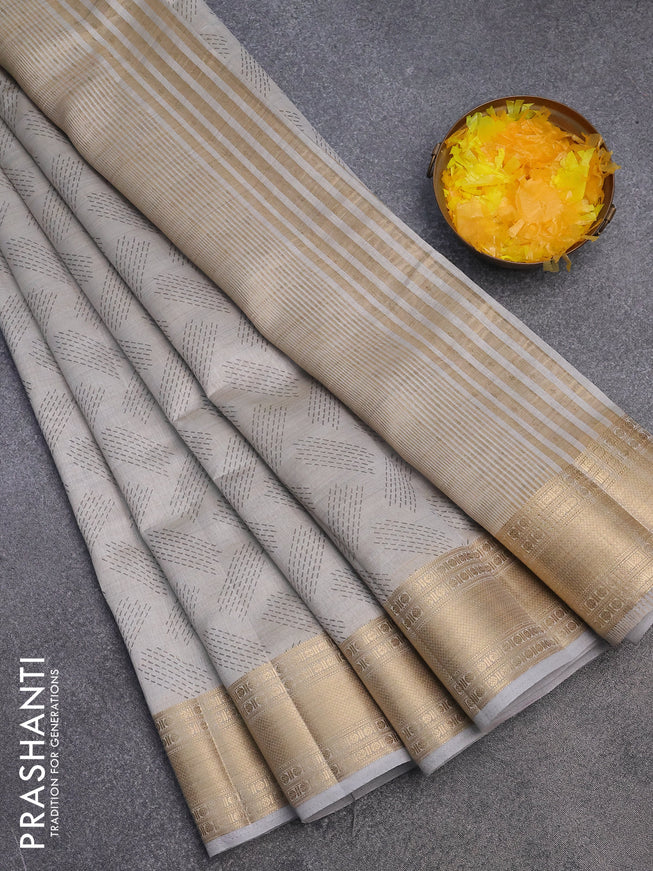 Semi raw silk saree pastel grey with butta prints and zari woven border