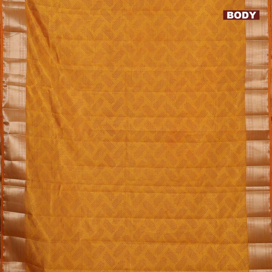 Semi raw silk saree dark mustard with butta prints and zari woven border